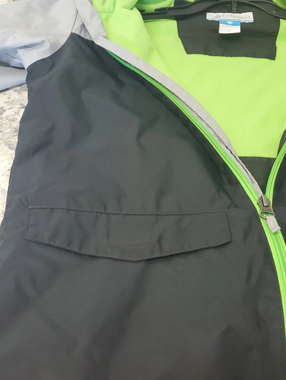 COLUMBIA Kids Hooded fleece Lined Rain Jacket in Gray, Black & Neon Green
